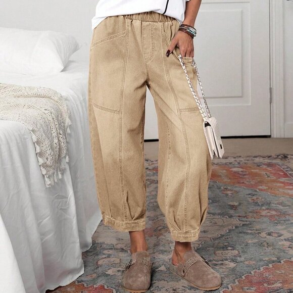 Khaki Casual Women's Vintage Elastic Waist Jeans - Picture 5 of 6